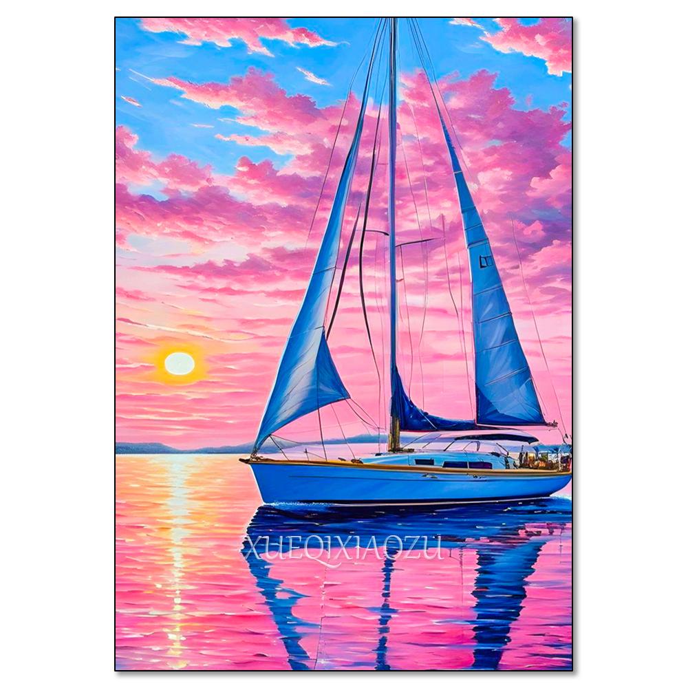 Cactus Sailboat Sunset 5D DIY Diamond Painting Kit Landscape Full Diamond Mosaic Cross Stitch Kit Room Decoration Gift
