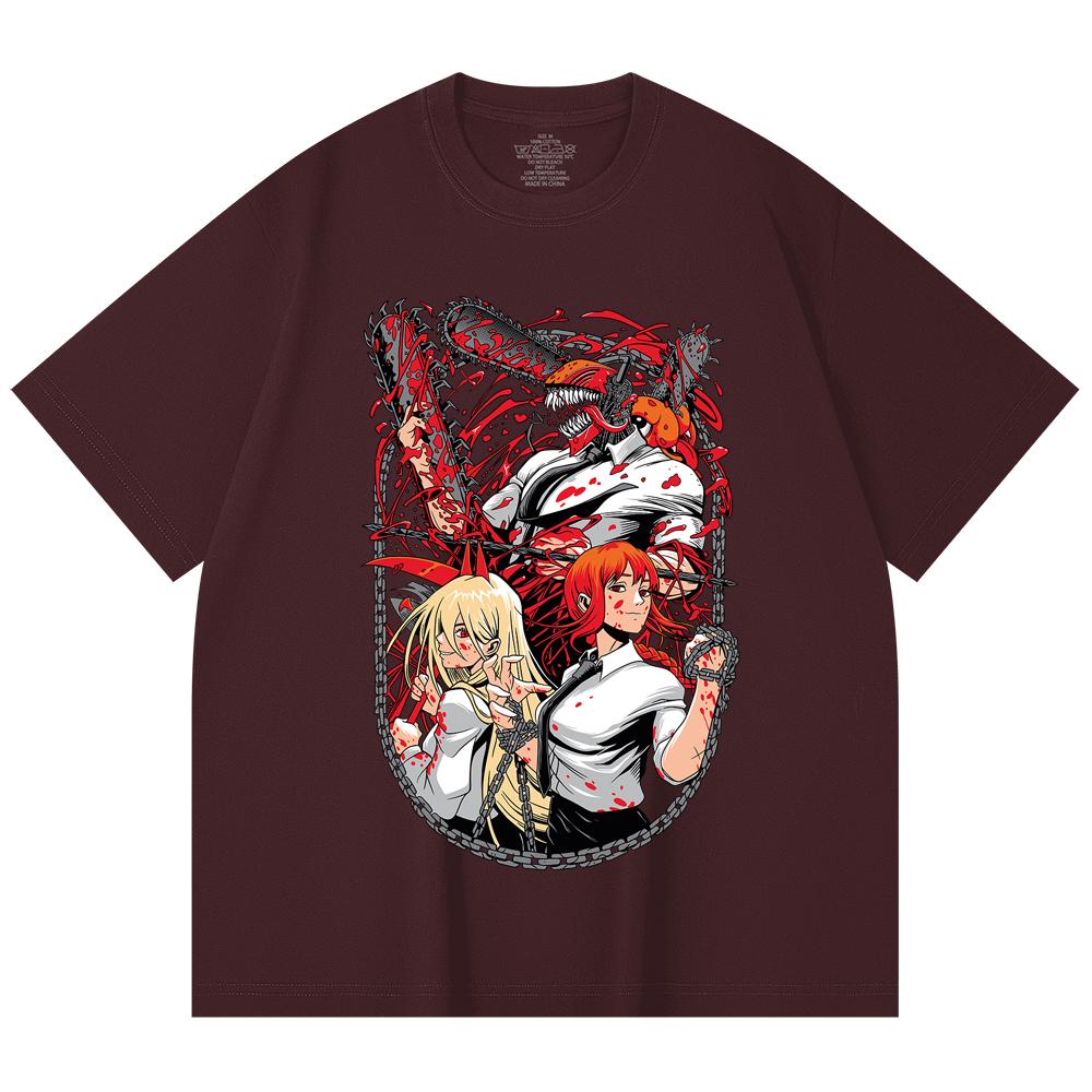

230 Gsm 100% Cotton Chainsaw Man V20 Print Unisex Heavy Cotton T Shirt 2XL вина червоного кольору
