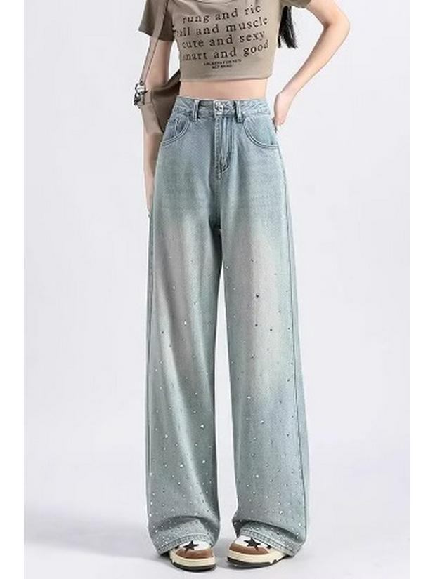 Spring & Autumn 2025 Women's High-Waisted Light Wide-Leg Jeans: Trendy Versatile Slimming Straight-Leg with Hot Drill Design.