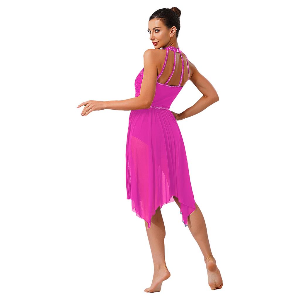 Dámský lyrický taneční kostým Třpytivé kamínky Nepravidelná síťovaná volánová sukně Všitá spodní část Šaty
