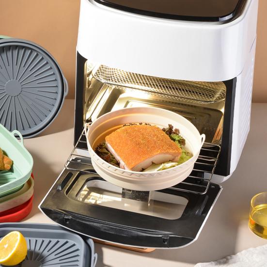 Round Silicone Fryer Liner Dual Handles Food Grade BPA Free Heat Resistant Dishwasher Safe Reusable Oven Baking Tray Basket Bowl Kitchen Supplies