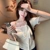 Summer Fashion Chic Sweet Age-reducing Slanted Shoulder Top Ins Korean Version Solid Color Slim-fitting Small Versatile Short-sleeved T-shirt