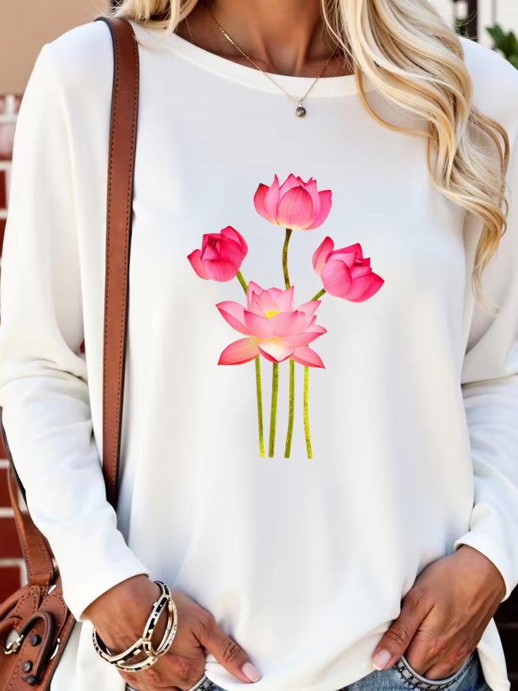 (Asian Size) sweet flower lovely Long Sleeve T Shirt Tee Lady Printed o-neck Women Female Clothing Casual Fashion Top Graphic T-shirts
