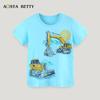 T-shirt da ragazzo stile europeo con disegno di escavatore a cartoni animati - Collezione Estiva, Girocollo, Manica Corta