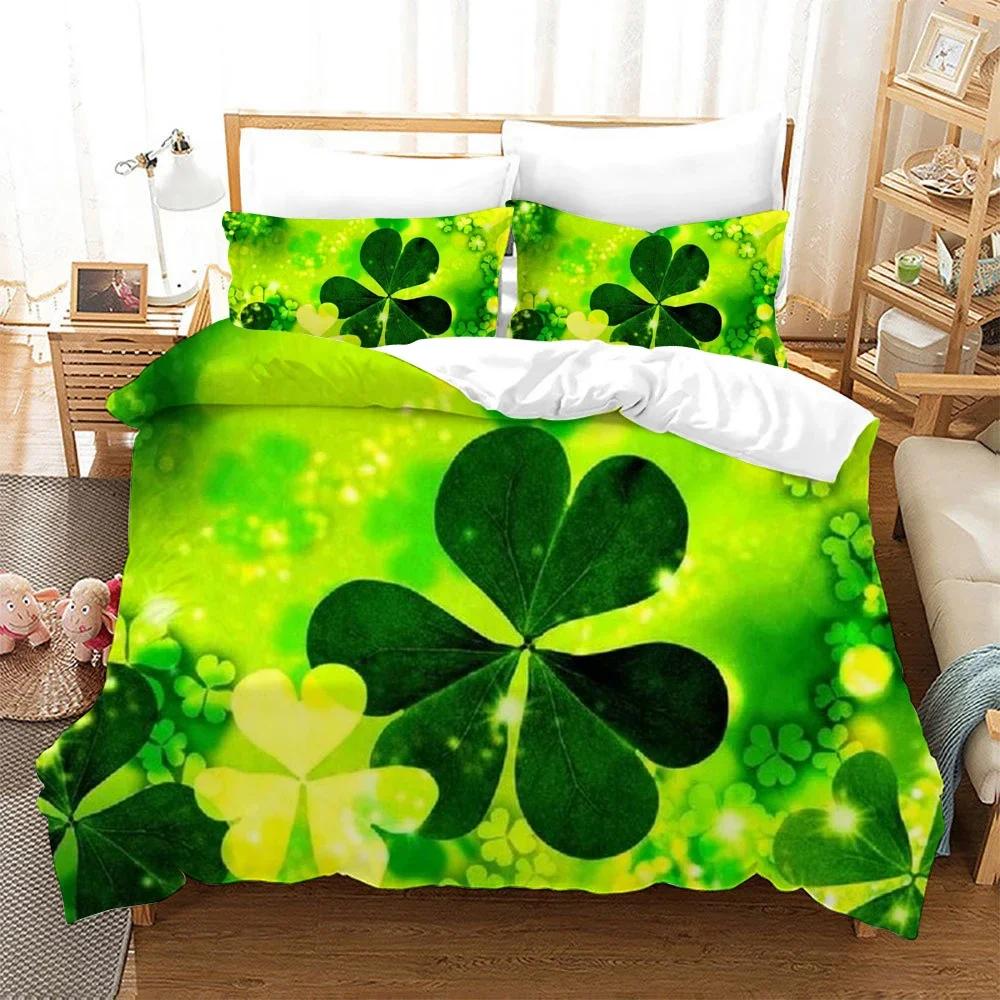 St. Patrick'S Day Duvet Cover Set Lucky Clovers Bedding Set Microfiber Green Four Leaves Clover Comforter Cover Twin Queen Size