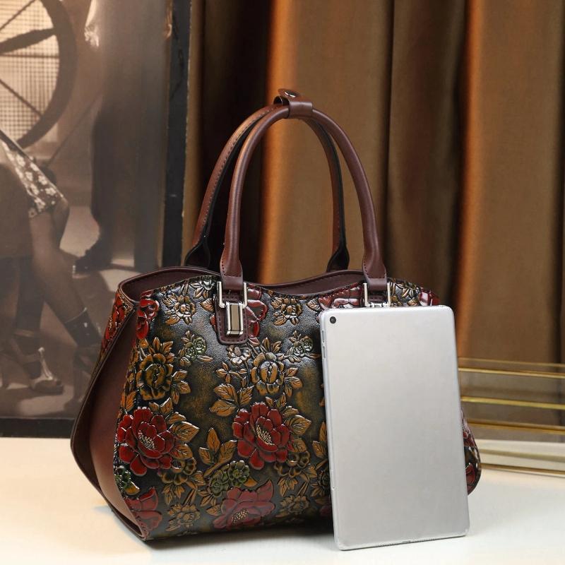 European and American Retro Flower Pattern Mature Women's Handbag Luxury PU Leather Tote Bag Commuter Bag