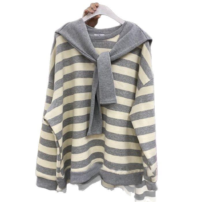 Korean Style Plus Size Shawl & Wide Stripe Top for Women - Spring/Autumn, 300 Jin, Loose Fit, Age-Reducing, Thin Round Neck Sweatshirt