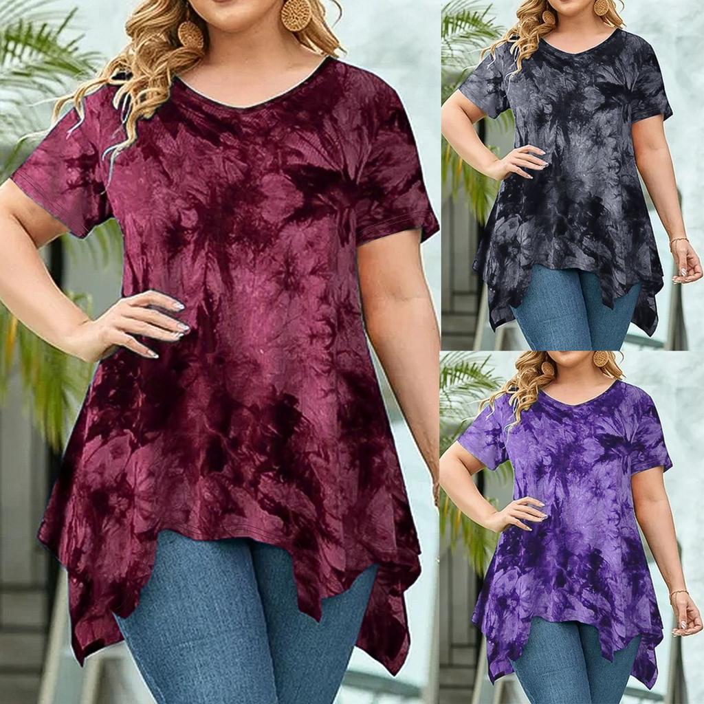 Women's V Neck Short Sleeve Tie Dye Print Loose Fit T-shirt with Asymmetrical Hem in Multi Colors