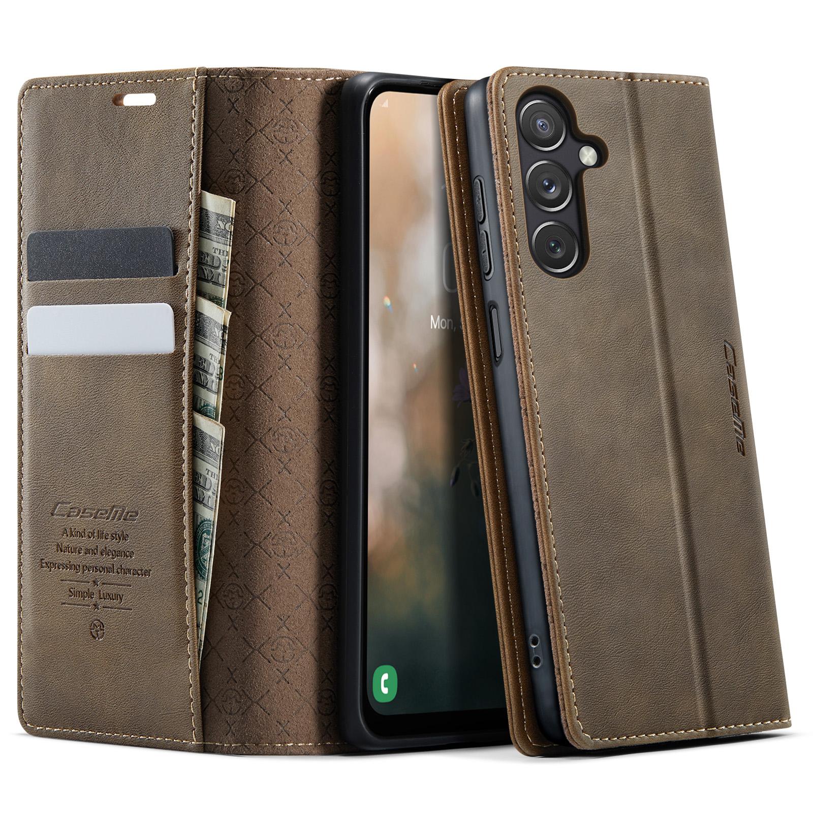 

For Samsung Galaxy A24 4G (162.1 x 77.6 x 8.3mm) Case CASEME 033 Series RFID Blocking Wallet Stand Calf Texture Leather Phone Cover Coffee