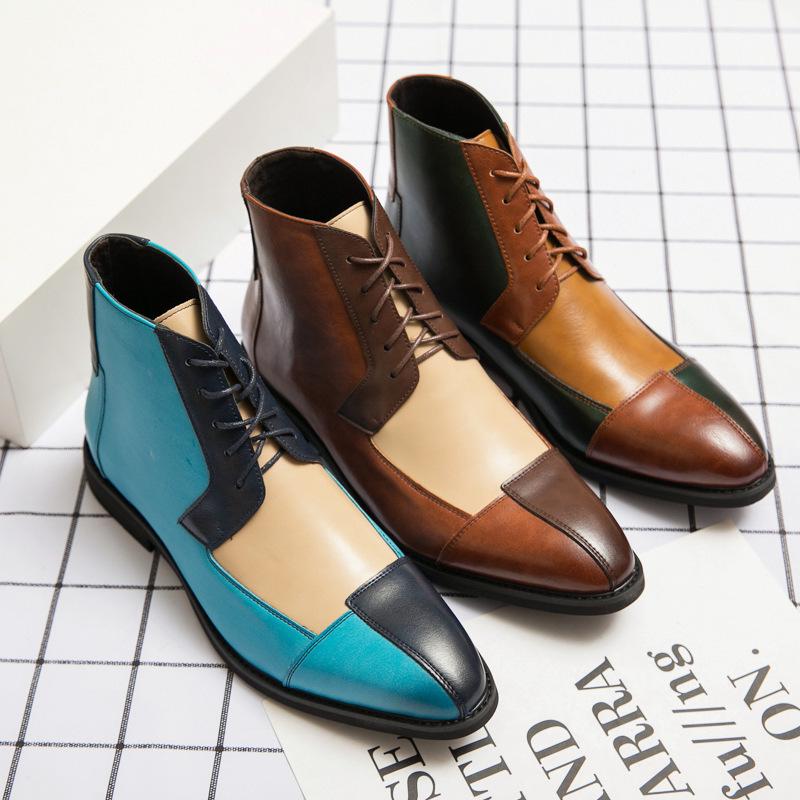 Men's Plus Size Retro High-Top Color Block Leather Shoes - Formal and Casual Trendy Footwear.