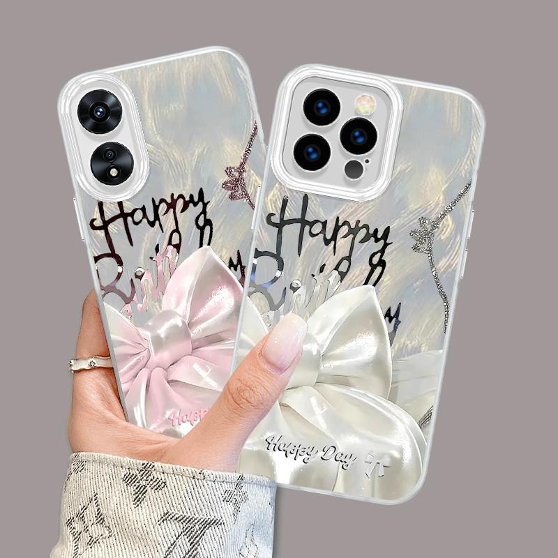 Upgraded Glitter Silver Case Happy Birthday Bowknot Printed Protective Shell Shockproof Full Back Cover for iPhone Samsung