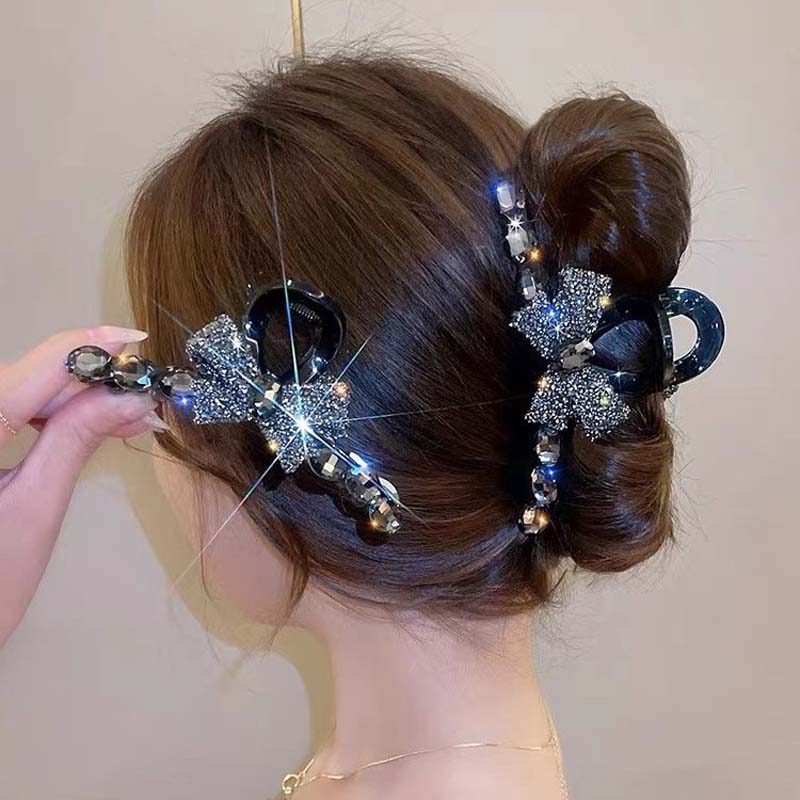 Pinces à Cheveux Mode Nœud en Cristal Noir pour Femmes Filles Exquis Zircon Brillant Pinces Requin Crabe Pince à Cheveux Coiffure Accessoires pour Cheveux