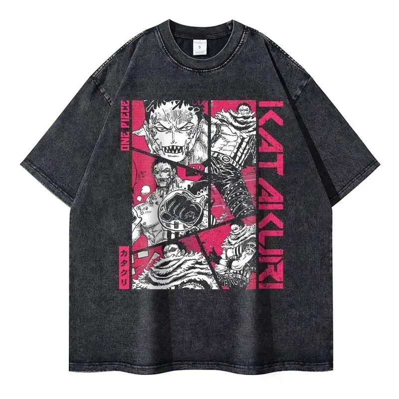 One Piece Washed T-shirt Men Women Streetwear Oversized Y2K Cotton High Quality L-Luffy Manga Tops Tees 100% Cotton Female Male Clothing