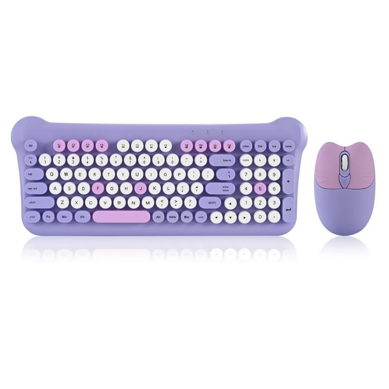 Round Keys Cute 2.4GHz Bluetooth Wireless Keyboard Mouse Set Wireless Keyboard and Mouse Combo for Computer PC Laptop Pink