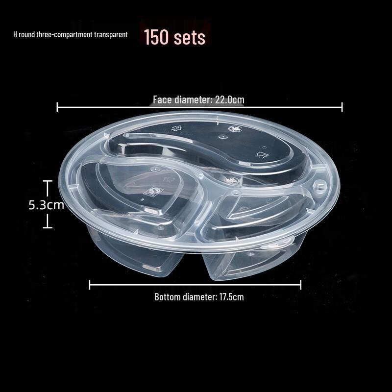 MOLUONA Disposable Transparent 3-Compartment Round Plastic Lunch Box - 150 Sets