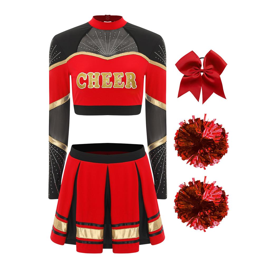 Damen Cheerleading Performance Tanz Outfit Langarm Stehkragen Strass Crop Top Faltenrock Haargummi Set