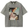 Cool Cat Meme T Shirts Unisex Washed Tees Men Women's Fashion Short Sleeve T-shirts Cotton Oversized T-shirt Streetwear