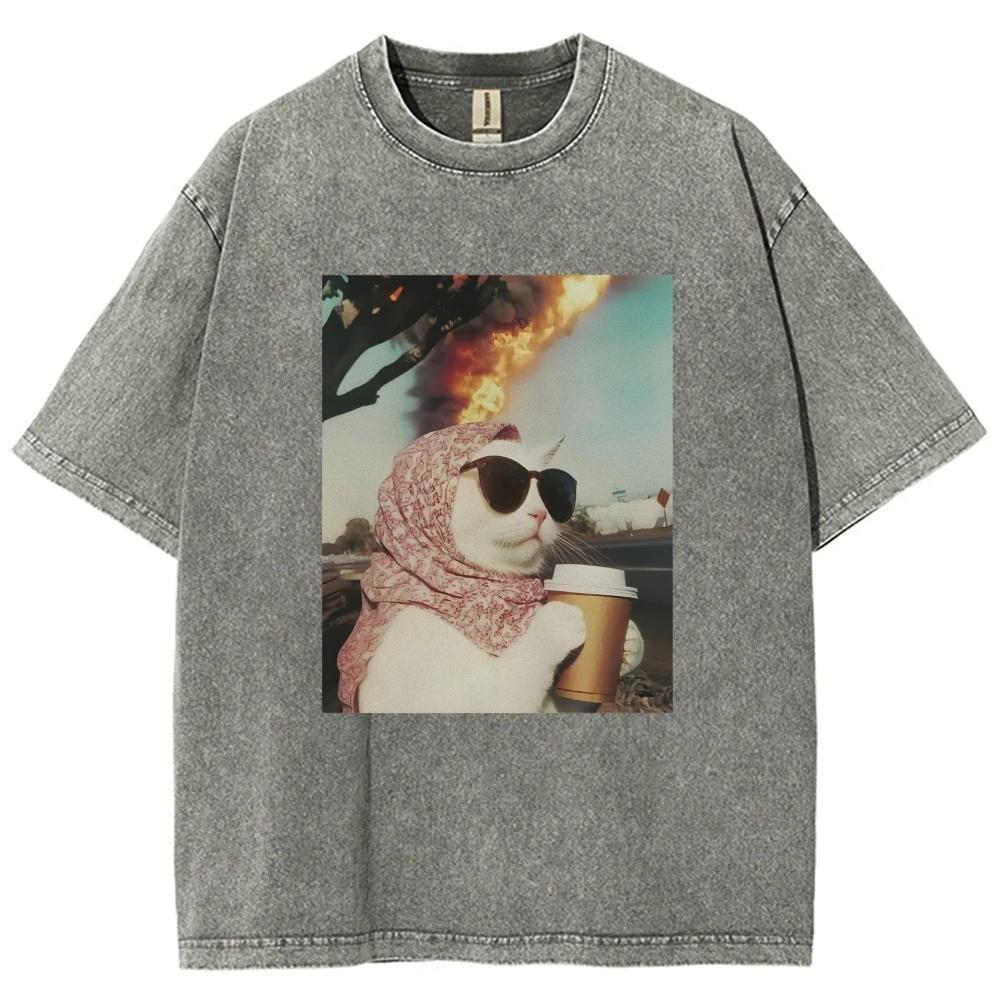 Cool Cat Meme T Shirts Unisex Washed Tees Men Women's Fashion Short Sleeve T-shirts Cotton Oversized T-shirt Streetwear