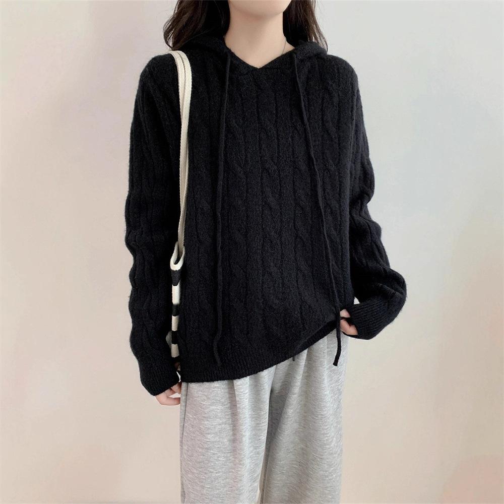 

Ретро пуловер с капюшоном и косами, женский осенне-зимний новый ленивый свободный повседневный вязаный свитер-топ One size чёрный