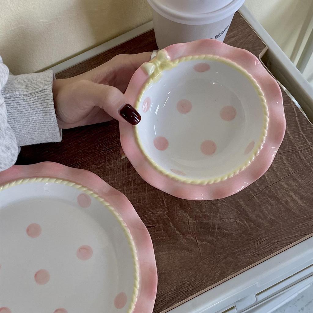 Korean Cute Bow Lace Ceramic Plate & Rice Bowl Set for Desserts and Cakes