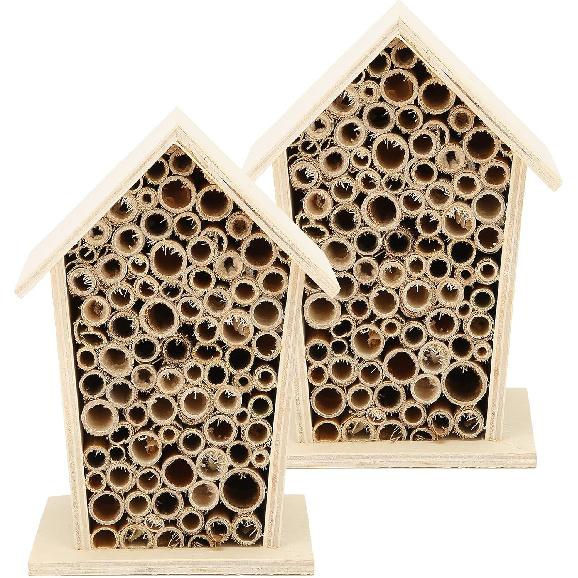 2PCS Wooden Bee House, Wood Bee Room Shelter, Wooden Hotel, Lovely Outdoor Bee Home, Garden Decoration for Outdoors Attracts Bee Pollinators