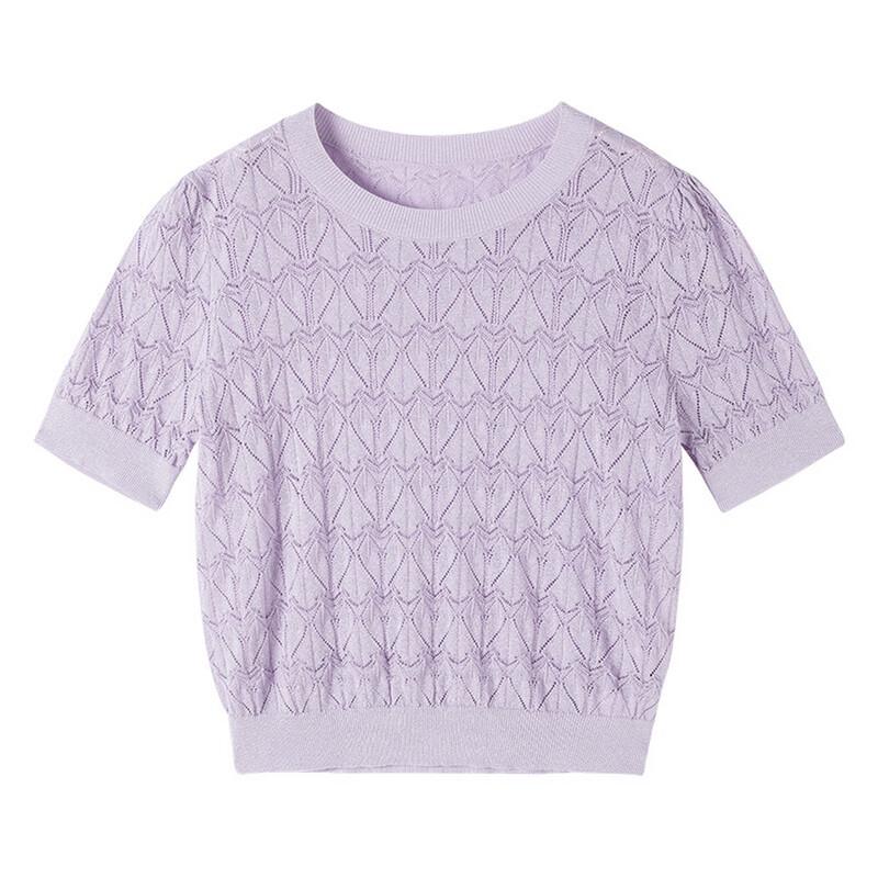 Xiangying Damen Lila Lochstrick Kurzarm Top