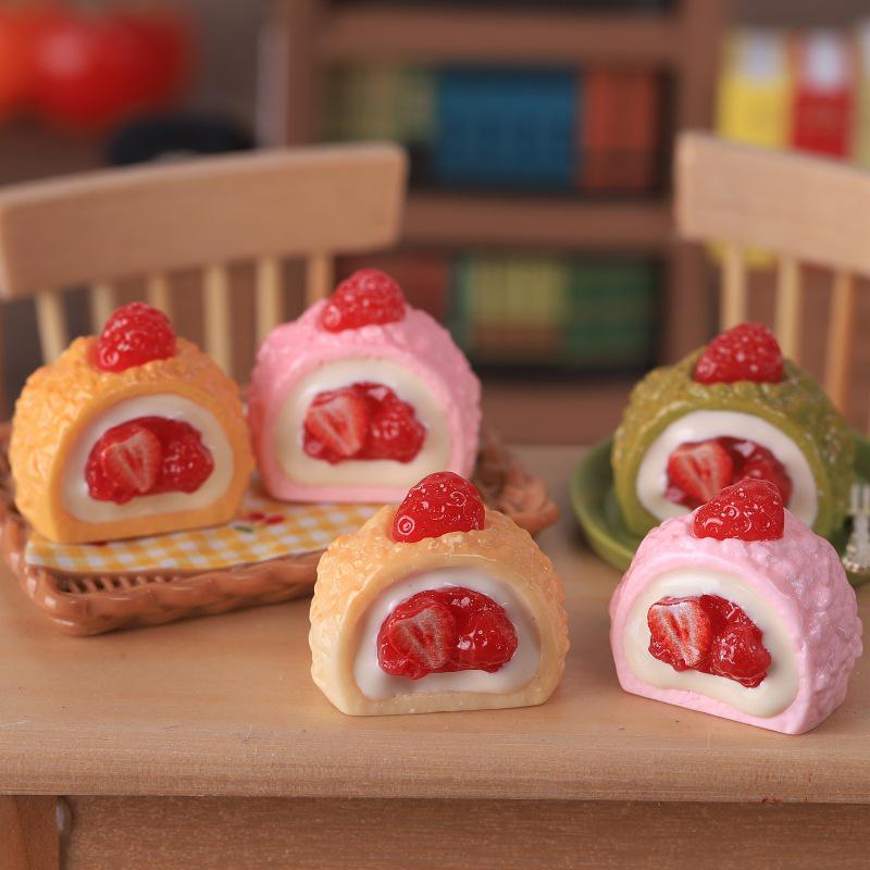 Miniature Strawberry Cream Cake Dollhouse Ornament Keychain Pendant Resin Accessory.