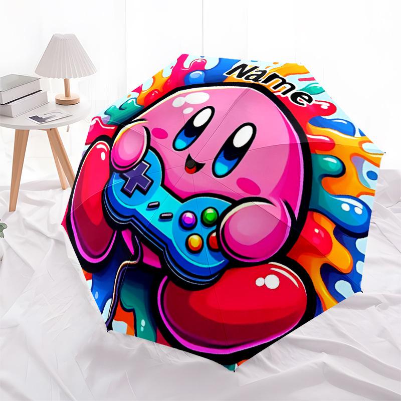 1PC Gamer Kirby - Custom Name Automatic Folding Umbrella - Compact 8-Rib Design, Durable Plastic & Iron, Daily Use S0106009