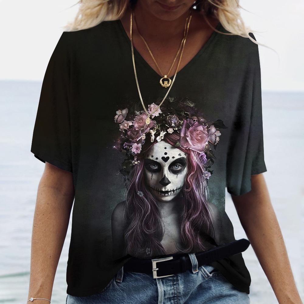 Summer V-neck 3D Funny Face Printed Top Fashionable Casual Short Sleeved Women's T-shirts