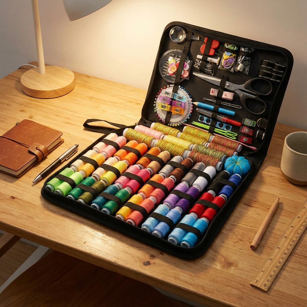Large Portable Sewing Kit for Home,  Set. 20x14cm, with Threads, Needles, Scissors, Compact