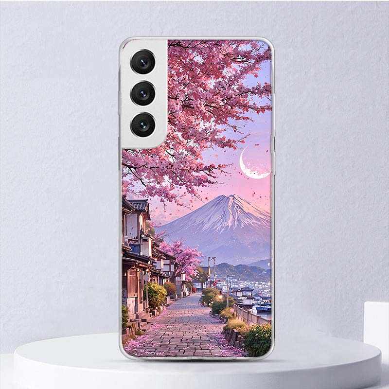 Japanese Cherry Mount Fuji Soft Case For Samsung Galaxy S25 S24 S23 S22 Ultra Phone Cover S20 FE S21 Plus S25 Edge + Funda Coque