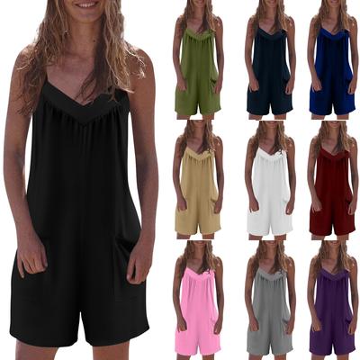 Moda feminina casual solto decote em v sem mangas macacão de cor sólida com bolsos