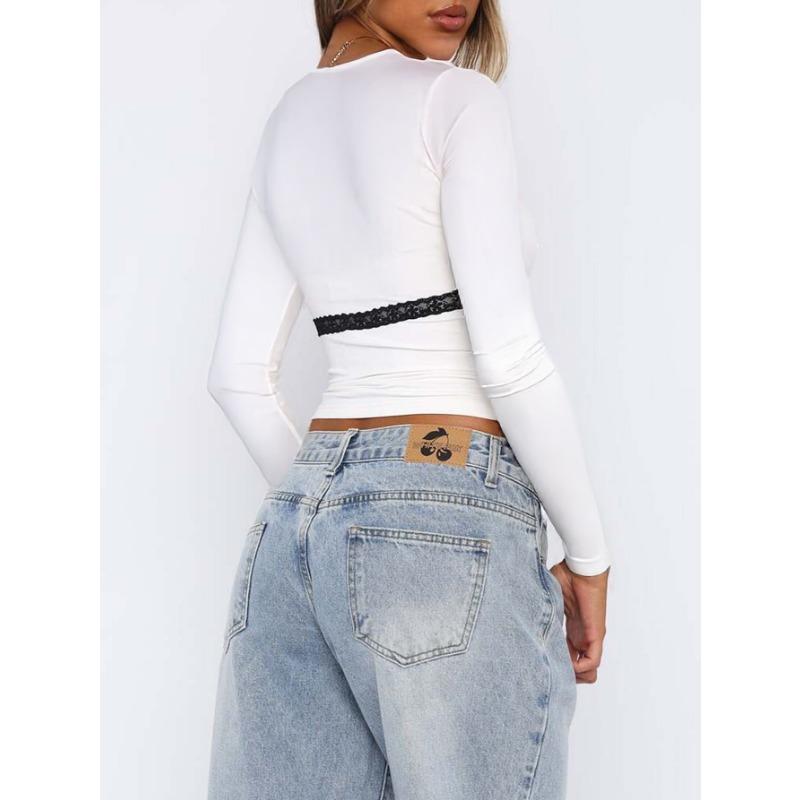 Women's Y2k Slim Lace Spliced U-neck Long-sleeved Top