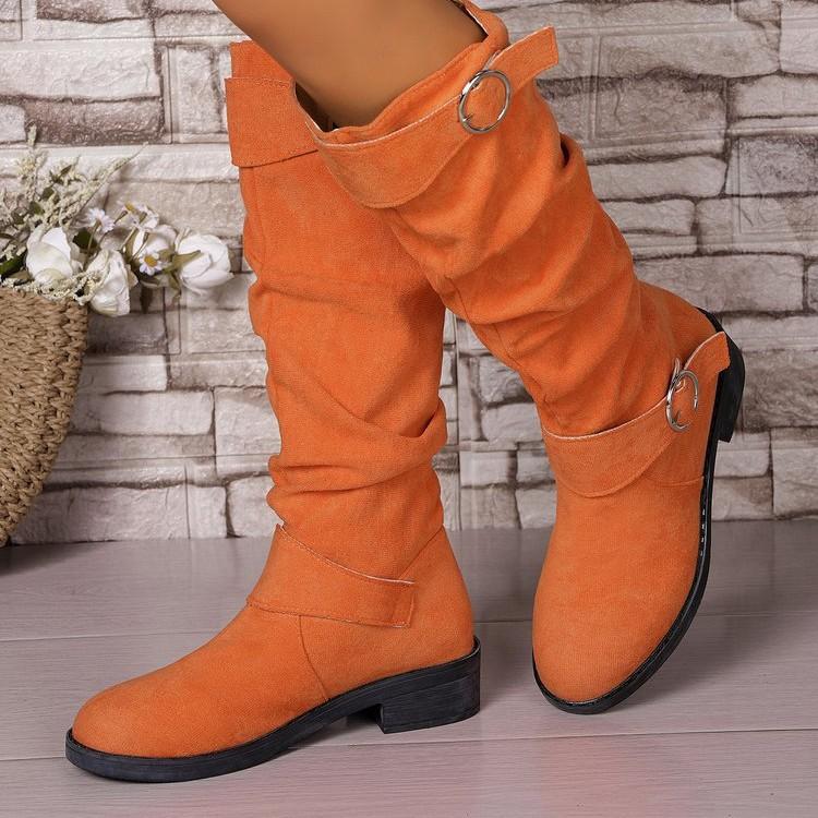 Large size women's shoes pleated women's belt buckle boots but knee thick heel slim boots snow boots women