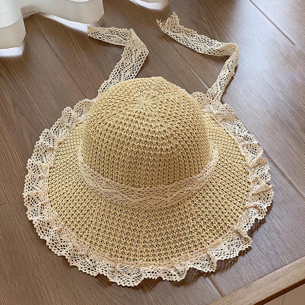 (One Size, Beige) Women Summer Straw Hat Bucket Cap Lace Patchwork Bucket Hats UV Protection Beach Holiday Sun Hat