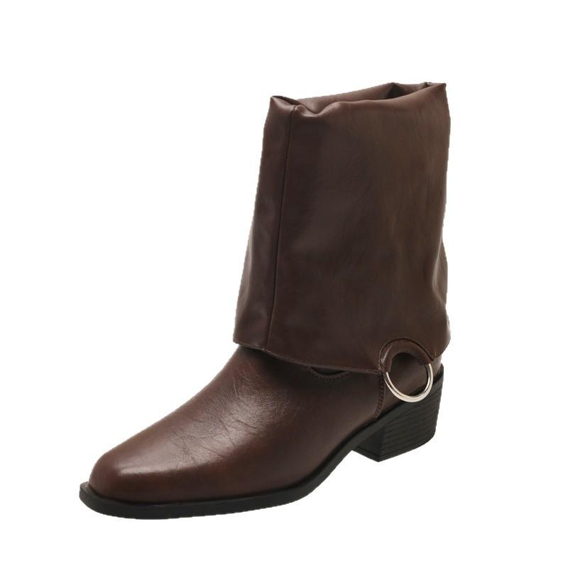 New Winter Vintage Women Knee High Boot Concise Slip on Thick Heel Shoes Square Toe Knight Long Booties