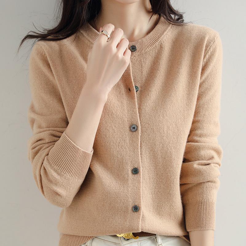 

Round Neck Solid Color Knitted Cardigan for Women In Autumn and Winter New Loose Versatile Sweater Jacket High Quality Yarn Long-sleeved Top S