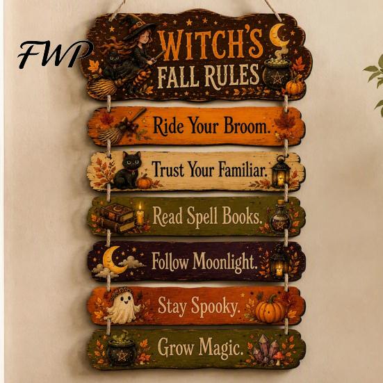 Hanging Wooden Plaque Witch's Fall Rules Sign, Vintage Halloween Wood Wall Rustic Front Door Decor Farmhouse Art for Outdoor Porch Yard, Home Ornament