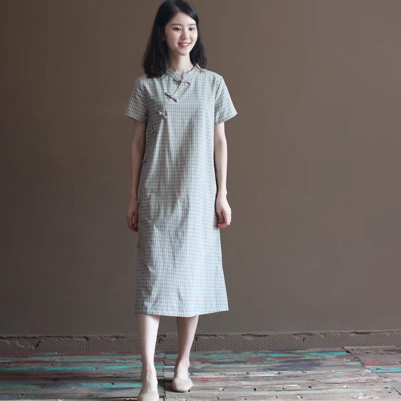 

2025 лето новый ретро улучшенный чонсам свободный Mori клетчатое платье средней и длинной длины a-word XXL