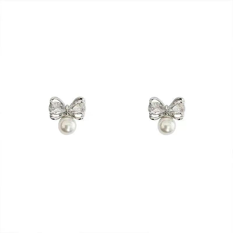 S925 Luxury Bow Zircon Earrings with Pearl Pendant for Women - 2025 Niche Design.
