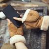 Cycling gloves made of suede for women, warm and cute in autumn and winter, with thick velvet flip cover for office touch screen