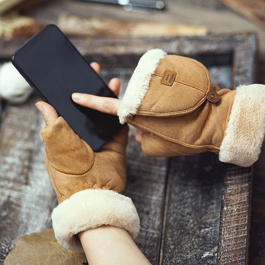 Cycling gloves made of suede for women, warm and cute in autumn and winter, with thick velvet flip cover for office touch screen