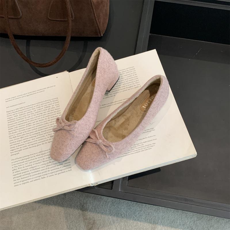 Gentle retro woolen single shoes women's bow flat-bottomed ballet ladyshoes autumn and winter velvet warm grandma shoes