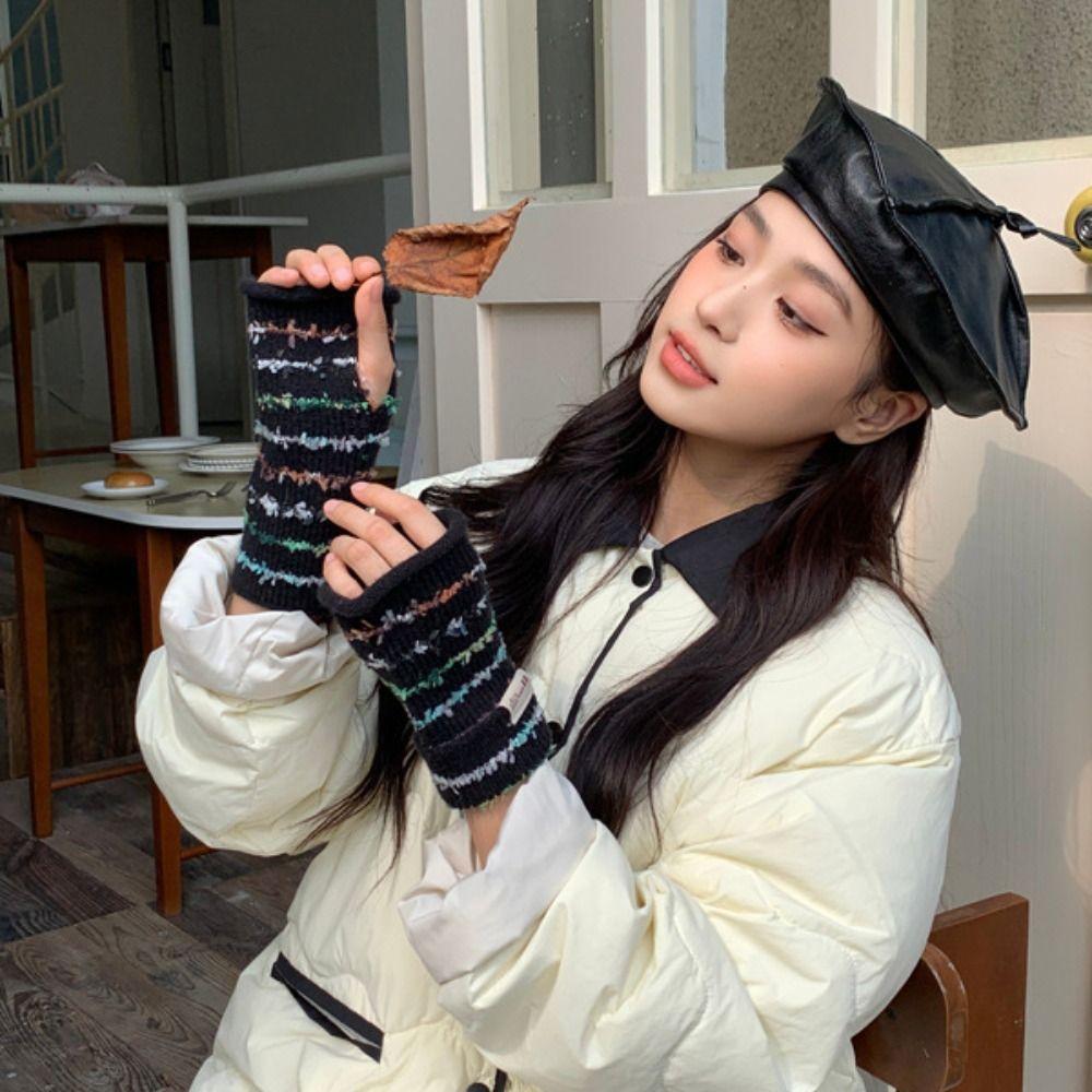 Y2k Streifen Gestrickte Handschuhe Verdickte Fingerlose Fäustlinge Süße Damen Winterhandschuhe Damen