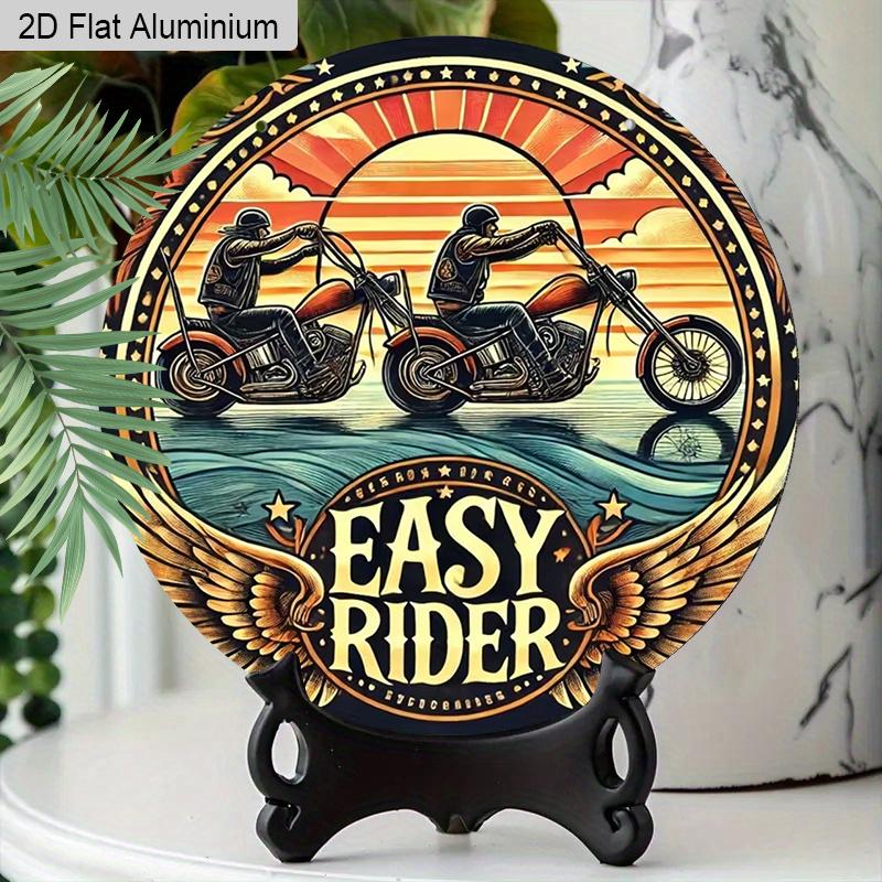 2D Flat Aluminum Retro Easy Rider Motorcycle Metal Sign - Vintage Biker Wall Decor for Man Cave Garage Bar, Round Hanging Ornament - Unique Motorbike