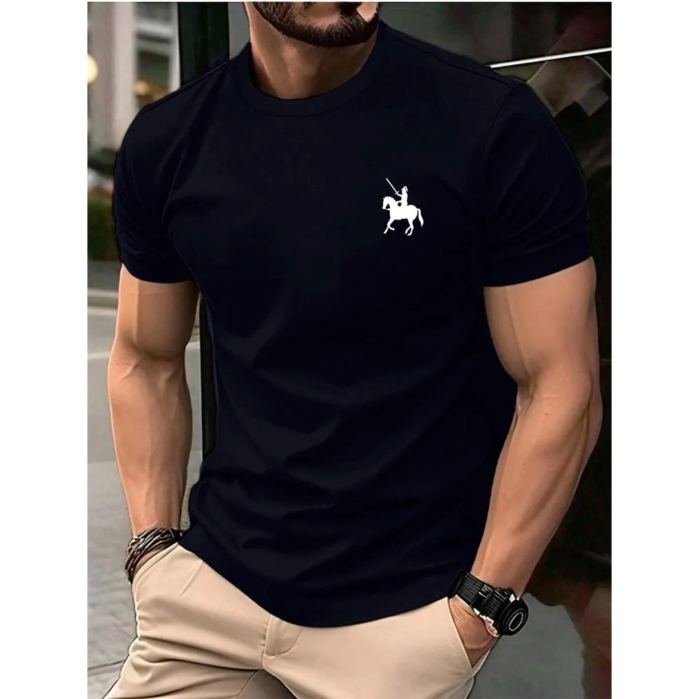 Herren Sommer Baumwoll T-Shirt Modisch Lässig Locker Sport Rittermuster Gedruckt Bequem Weich Atmungsaktiv Rundhals Kurzarm T-Shirt S schwarz