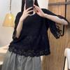 Lace Embroidery Literary and Retro Fresh Round Neck Fried Color Old Cotton Versatile Short-sleeved Shirt Women