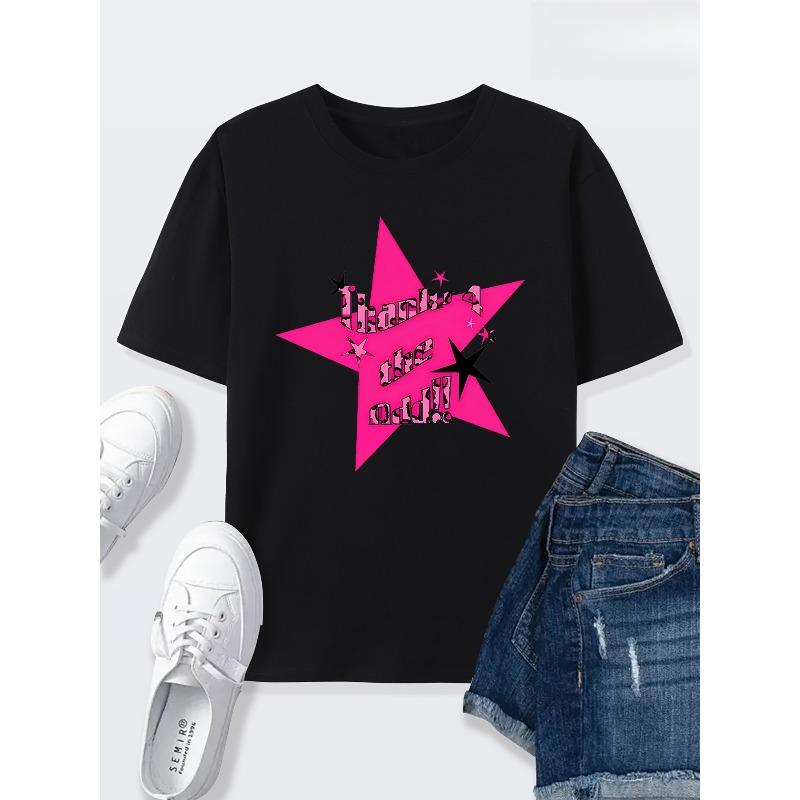 European Size Women's White Polyester T-Shirt with Pink Star Graphic - Casual, Comfortable, and Versatile for Home