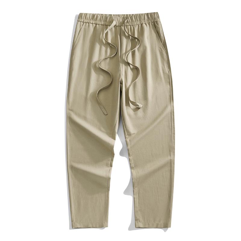Men's Summer Lightweight Cotton-Linen Trousers with Elastic Waist and Straight Leg