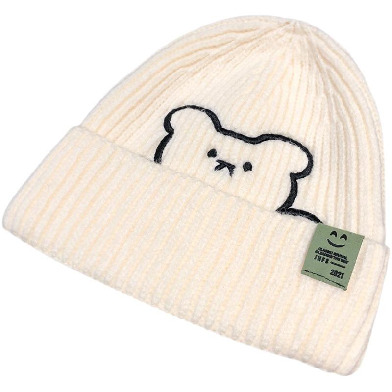 Hat Female Winter Bear Embroidered Wool Hat Cute Thermal Hat Ear Protector Cold Hat Deer Fleece Standard Knitted Hat